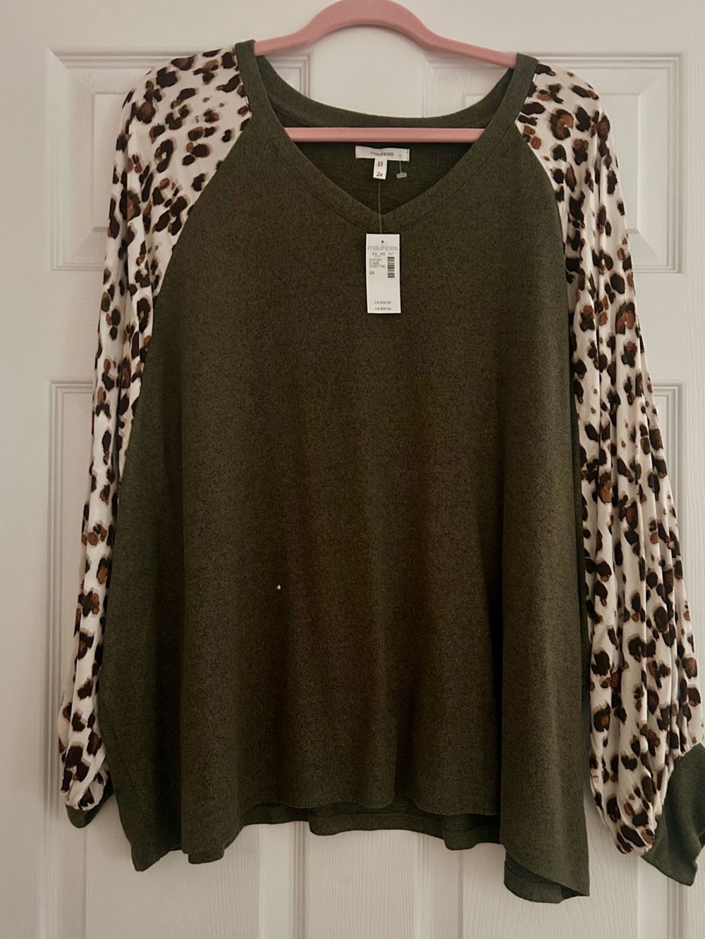 Maurice’s Women's Olive Green V-Neck Raglan Top with Leopard Sleeve Accents